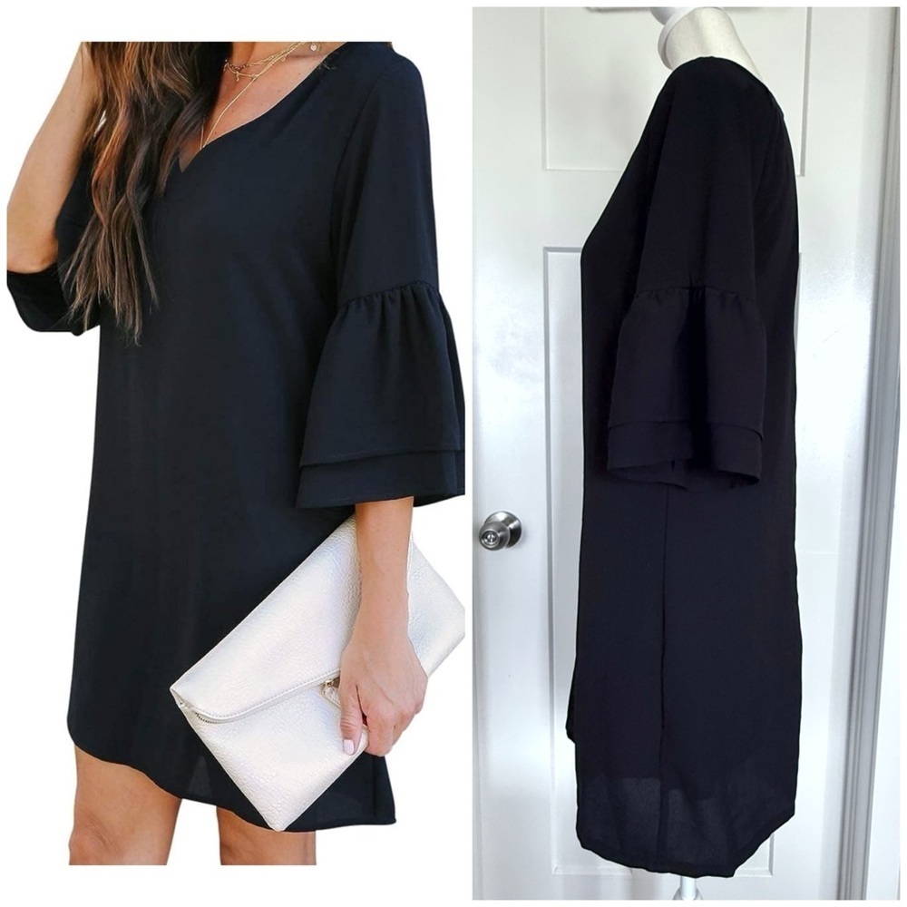 Belongsci Black V-Neck Bell Sleeve Shift Dress – Size XS - Picture 2 of 5